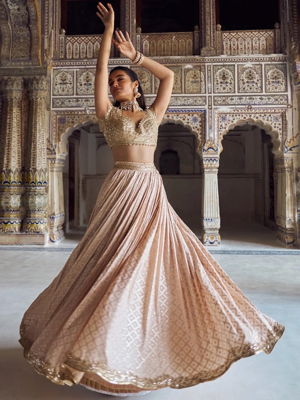 Nude And Gold Embroidered Lehenga